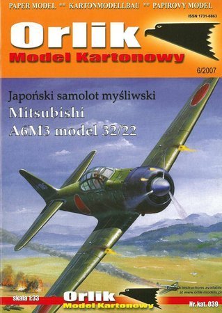 Model kartonowy Orlik A039 Samolot Mitsubishi A6M3 model 32/22