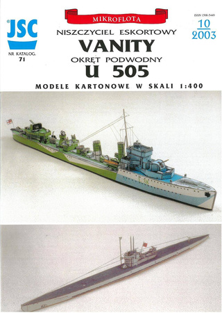 Model kartonowy JSC nr 71 niszczyciel Vanity, okręt podwodny U-505