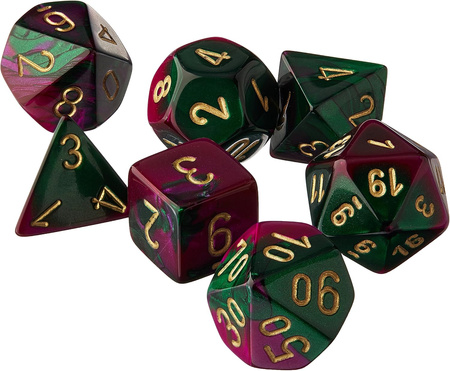 Kości zestaw RPG Chessex 26434 Gemini Green-Purple w/Gold