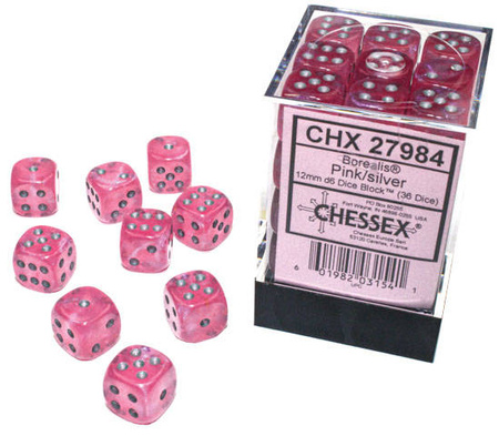 Kości 36xD6 Chessex 27984 Borealis Różowe / srebrne oczka