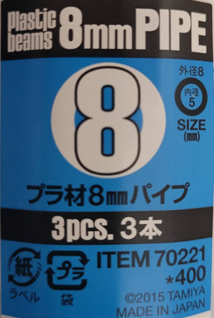 Tamiya 70221 Plastic Beams 8mm pipe white (3 pcs.) zestaw profili polistyrenowych rurowych