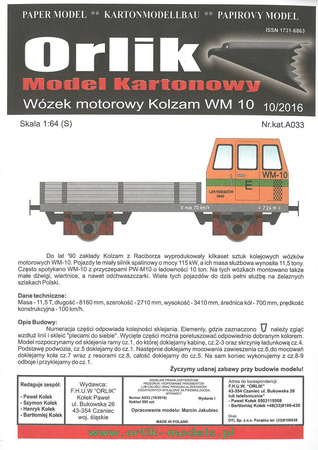 Model kartonowy Orlik A033 Wózek motorowy Kolzam WM-10 - model kartonowy