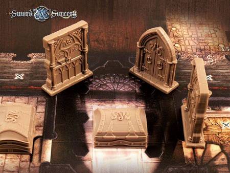 Sword&Sorcery Spawn Accesory Pack Doors & Chests, zestaw plastikowych elementów scenerii